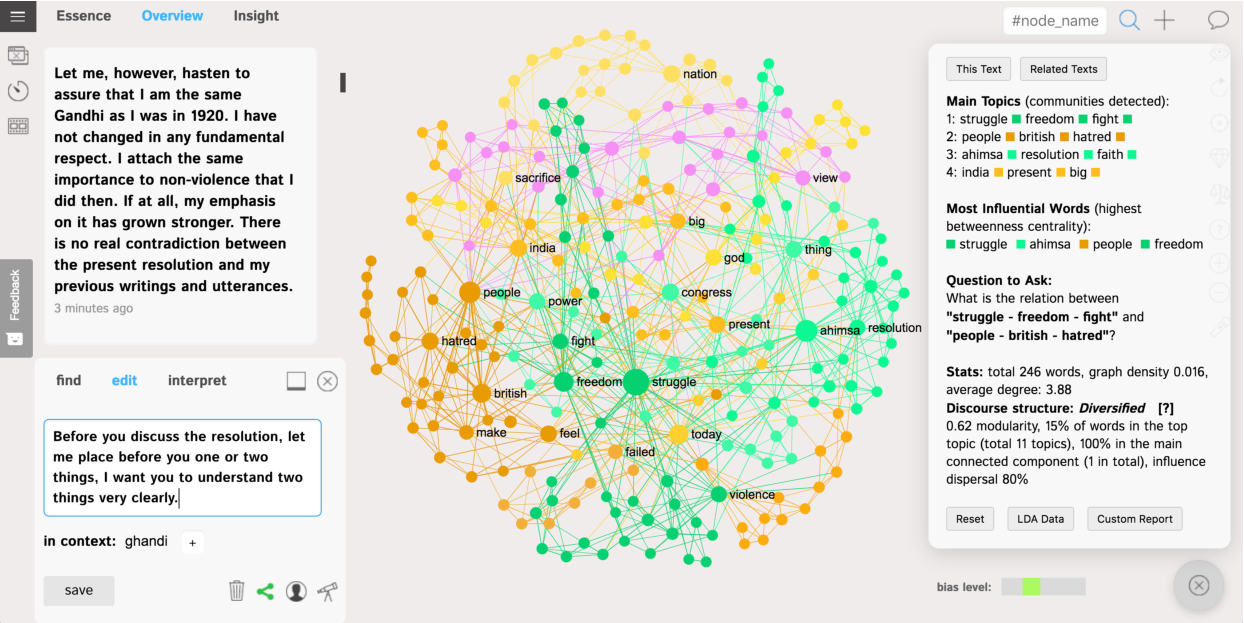 InfraNodus interface visualizing the text, the main topics inside, discourse structure, and bias index.