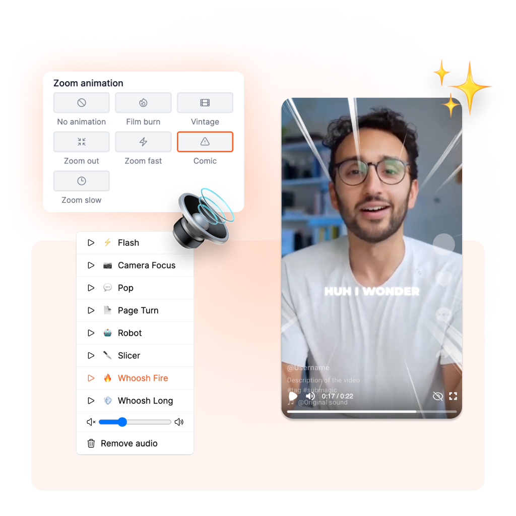 Submagic finds video keywords and highlights them! Make them focus on your key points using animated emojis with sound effects, GIFs, and colors!