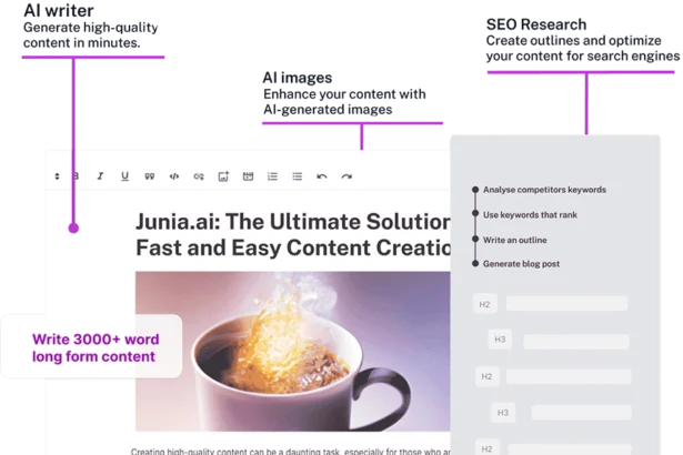 Elevate your site's SEO with Junia AI. Drive more organic traffic, improve visibility, and climb rankings with quality, SEO-optimized, and ready-to-rank content.