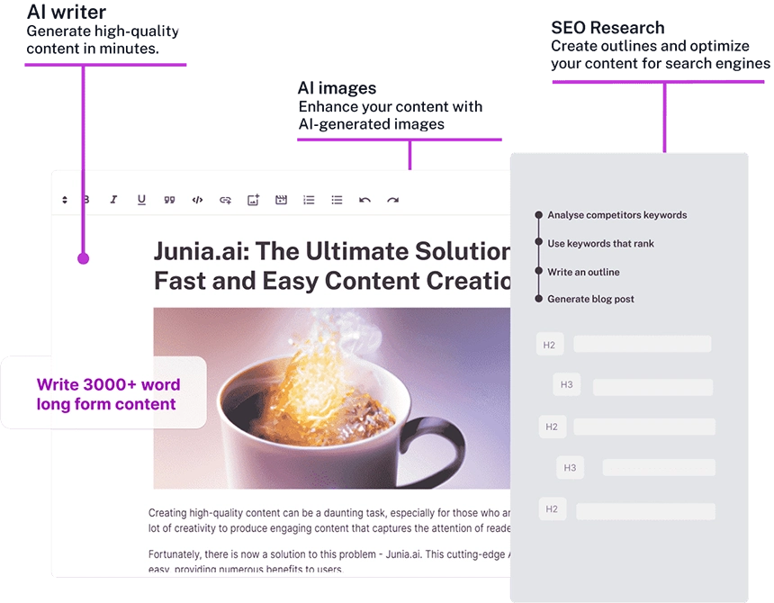 Elevate your site's SEO with Junia AI. Drive more organic traffic, improve visibility, and climb rankings with quality, SEO-optimized, and ready-to-rank content.