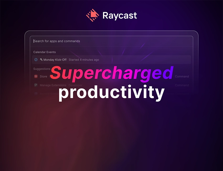 Supercharged productivity ! Raycast is a blazingly fast, totally extendable launcher. It lets you complete tasks, calculate, share common links, and much more.