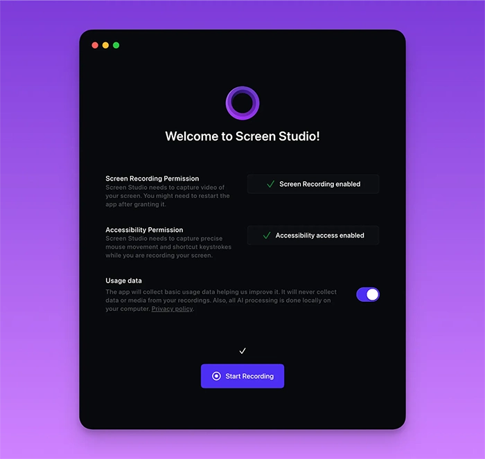 Screen Studio: First launch & Permissions