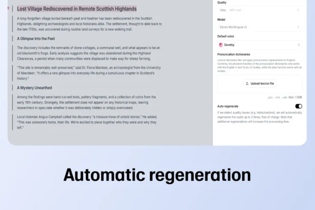 ElevenLabs Auto-regenerate - Our long form text editor now lets you regenerate faulty fragments, adjust playback speed, and provide quality feedback