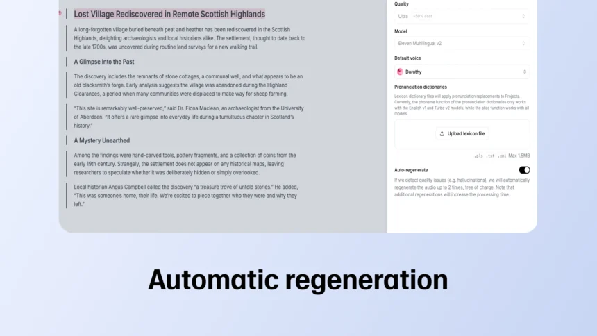 ElevenLabs Auto-regenerate - Our long form text editor now lets you regenerate faulty fragments, adjust playback speed, and provide quality feedback