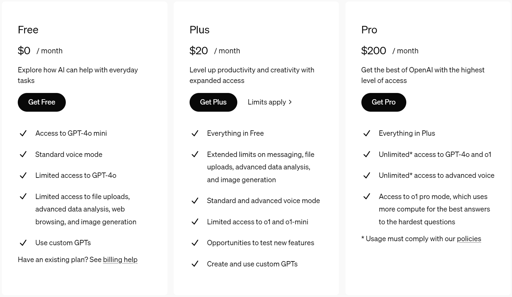 Pricing table for ChatGPT Pro