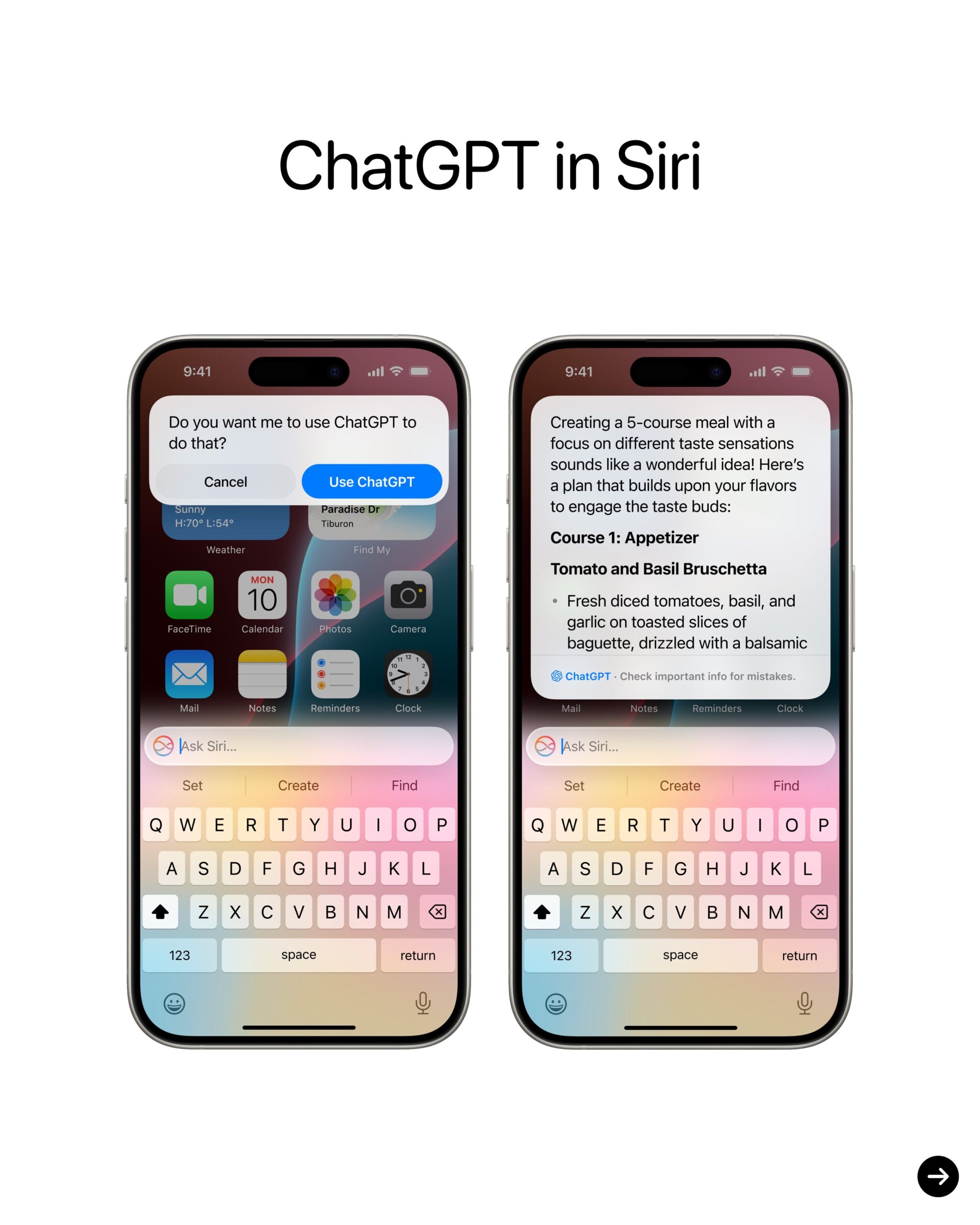 where Siri suggests using ChatGPT for more detailed answers, showing a “Send to ChatGPT”