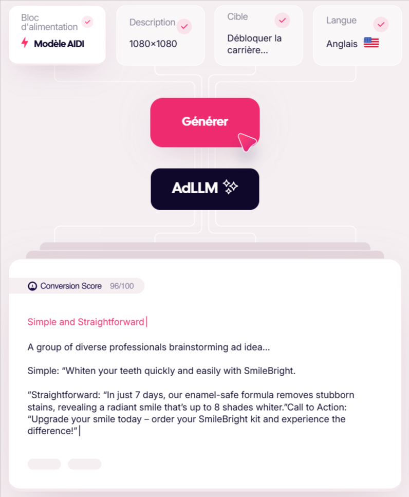 Générez des textes publicitaires à fort taux de conversion grâce à notre modèle exclusif de langage large et à des cadres de rédaction éprouvés.