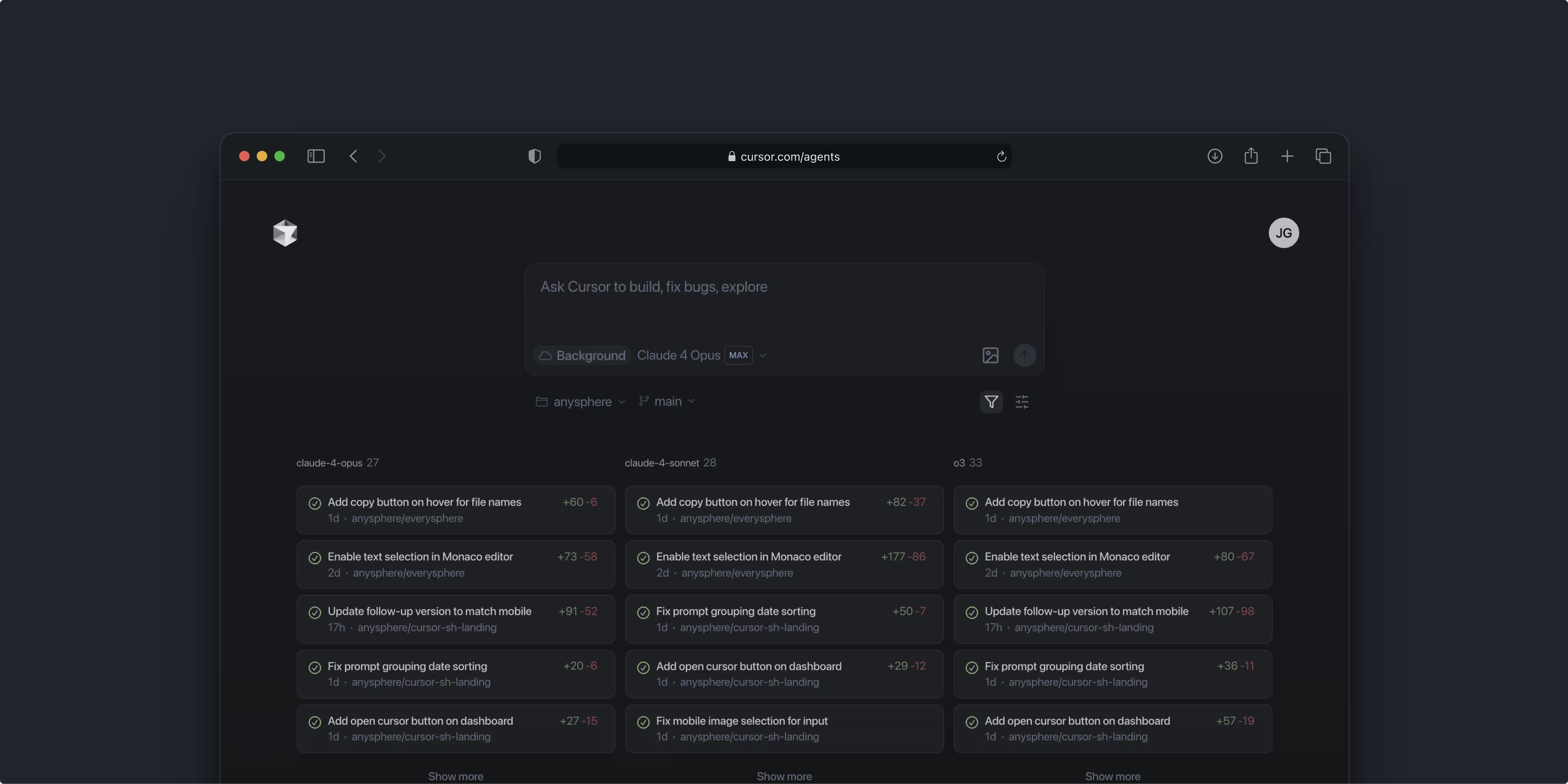 Cursor Agents performing coding and research tasks