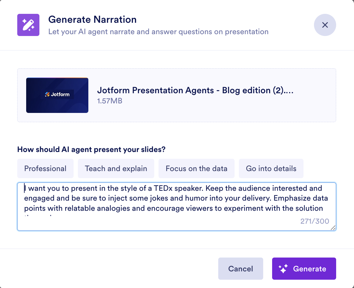 jotform Presentation Agents : Narration content control